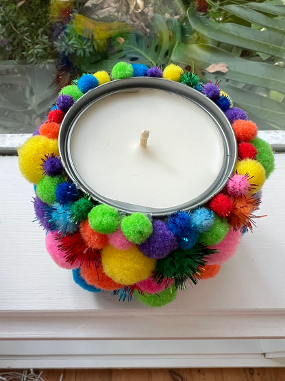 ‘keep calm and pom-pom on!’ upcycled candle