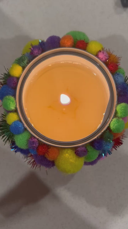 ‘keep calm and pom-pom on!’ upcycled candle